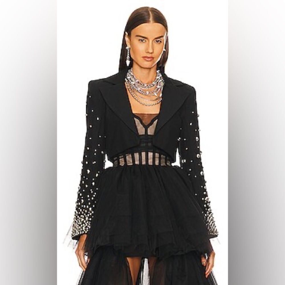 NBD REVOLVE Rhea Cropped Blazer Black Sphere & Rhinestone Embellished Oversized